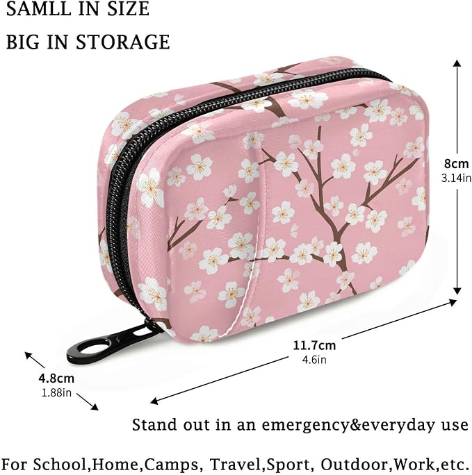 Fustylead White Cherry Blossoms on Pink Background Pill Organizer Case with Zipper 2 Times A Day for Vitamin and Supplement, 7 Day Travel Organizer Medicine Case