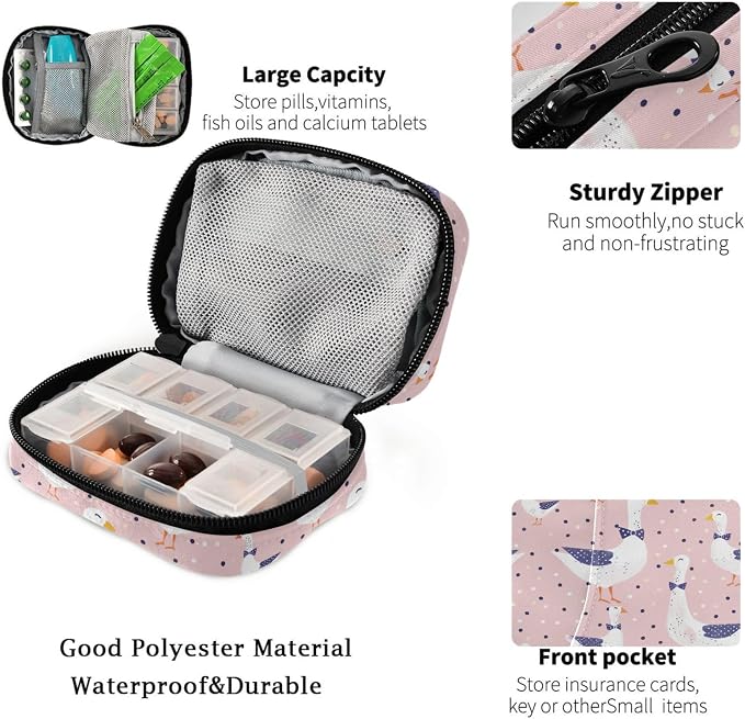 Fustylead Geese with Bow Tie on Pink Background and Dots Travel Pill Organizer Bag with Zipper Small Pill Box 7 Day Pill Case for Purse Storage Weekly Vitamin Medicine Supplement