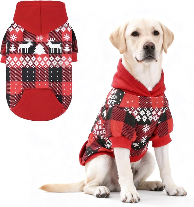 KOOLTAIL Christmas Dog Hoodie,Red Plaid Pet Clothes Sweater with Leash Hole&Pocket for Small Medium Large Dogs, Soft Winter Warm Dog Cold Weather Coat, Fleece Puppy Hooded Sweatshirt for Boys Girls,XL