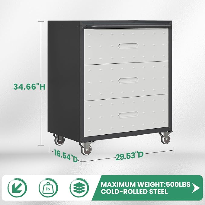 Garage Cabinets,Metal Garage Storage Cabinet with Wheels,Lockable Rolling Tool Cabinet with Drawer and Adjustable Shelves,Heavy Duty Tools Cabinet for Home Office Utility Room,Black/Grey