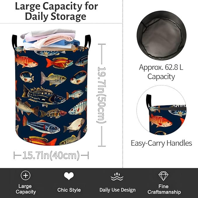 Tropical Fish Laundry Basket, Marine Life Foldable Oxford Cloth, Waterproof Dirty Clothes Hamper with Handles, Clothing Storage Bin Toy Organizer for Bedroom Dorm Bathroom, 19.7"x15.7"