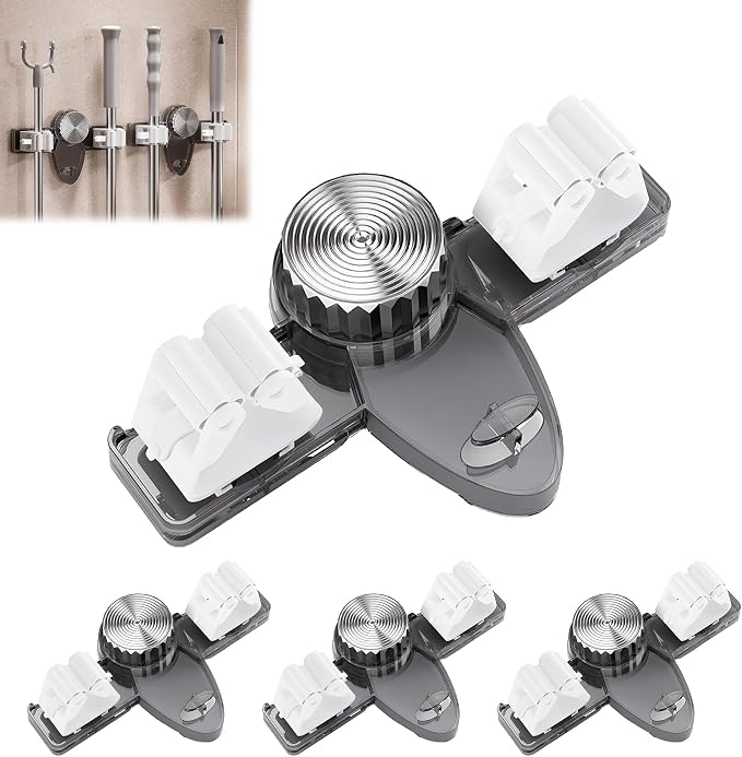 Broom Holder Mop Hanger Wall Mount, No Punching Required Mop and Broom Hanger Organizer, Adjustable Suction Cup Mop Grippers for Kitchen, Bathroom, Garage, Laundry Room (4PCS-Grey)