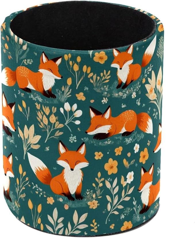 Faux Leather Pen Holder for Desk, Pencil Organizer Cartoon Little Fox Pen Cup Desk Decor Makeup Brush Holder Storage for Office Home