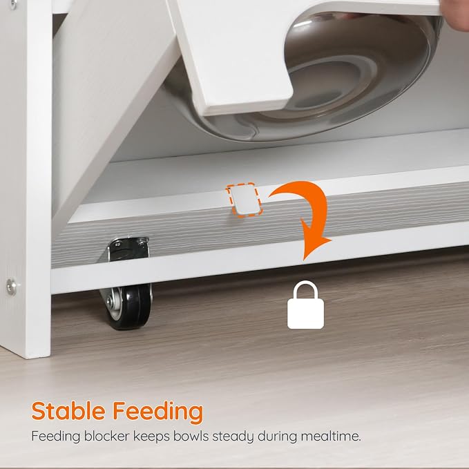 HOOBRO Dog Feeding Station with Storage and Hooks, Dog Food Storage Cabinet with Feeding Bowls, Pet Feeding Station with Sliding Drawer and 2 Hidden Bowls for Dog & Cat, White WT12PO03G1