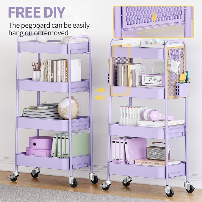 TOOLF 4 Tier Rolling Cart, Metal Utility Storage Cart with Pegboard, Purple | 2 Bins & 4 Hooks, Screwless Assembly, Lockable Wheels, Trolley Organizer for Bathroom, Kitchen, Office, Dorm, Craft Room