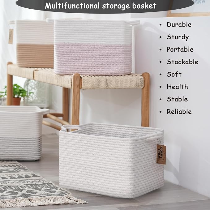 COMFY-HOMI 3PACK Cotton Rope Square Basket with Handles for Shelves| Storage|Baby Basket for GIF|Shoe Basket for Organizing|New13.5" x 11" x 9.5" for Living Room