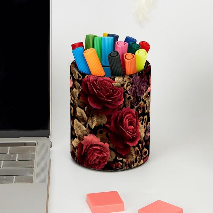 Faux Leather Pen Holder for Desk, Pencil Organizer Leopard Print and Roses Pen Cup Desk Decor Makeup Brush Holder Storage for Office Home