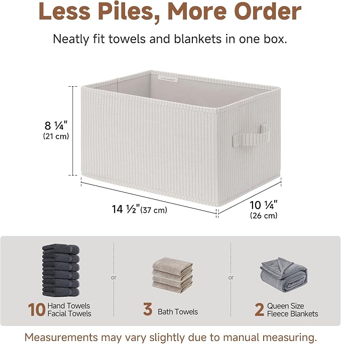 StorageWorks Shelf Organizer Bins, Beige Stripes, 3-Pack, Large | Foldable Shelf Organizer Bins, Closet Storage Baskets for Clothes, Fabric Storage Bins for Shelves