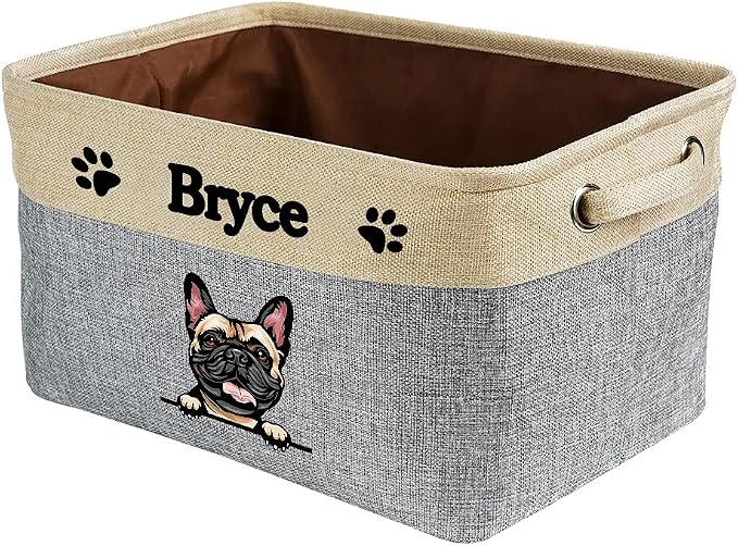 Personalized Fabric Dog Toy Storage Basket with Cute Dog French Bulldog Collapsible Sturdy Fabric Pet Toys Storage Bin Cube with Handles for Organizing, Grey and White