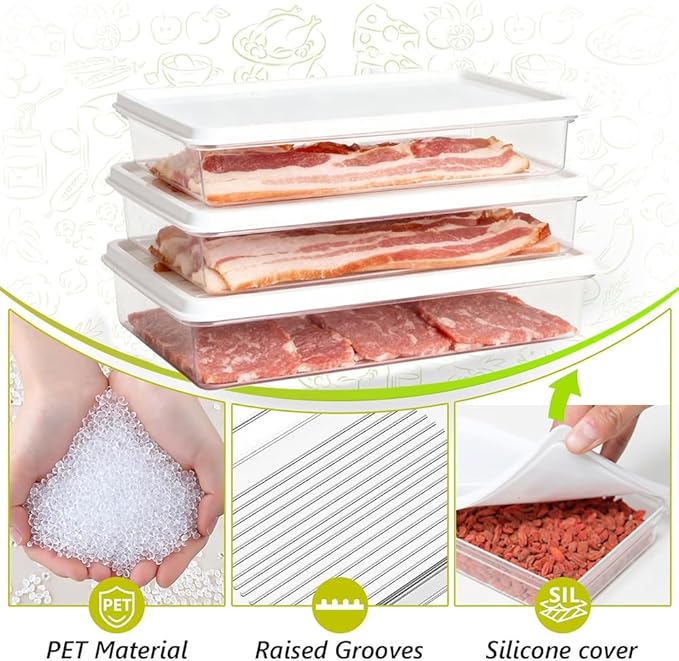 3pcs Large Deli Meat Container with Lids for Bacon Cold Cuts Storage | Stackable, Clear Deep Design, Refrigerator Organizer, for Cold Cuts, Cheese, Ham, Salami, Meal Prep Food Storage Boxes
