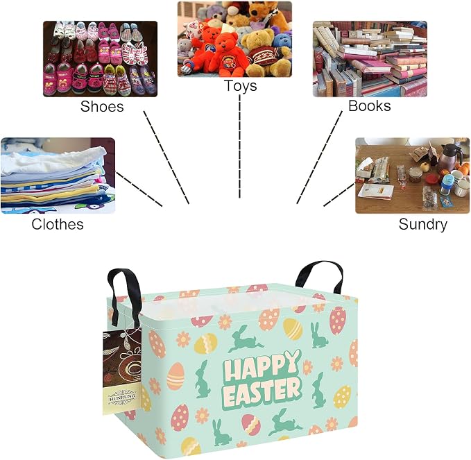 Rectangle Canvas Foldable Storage Basket for Nursery, Green Easter Egg | Portable and collapsible cloth receptacle. Stores pet essentials, daily use items. Folds flat when not in use