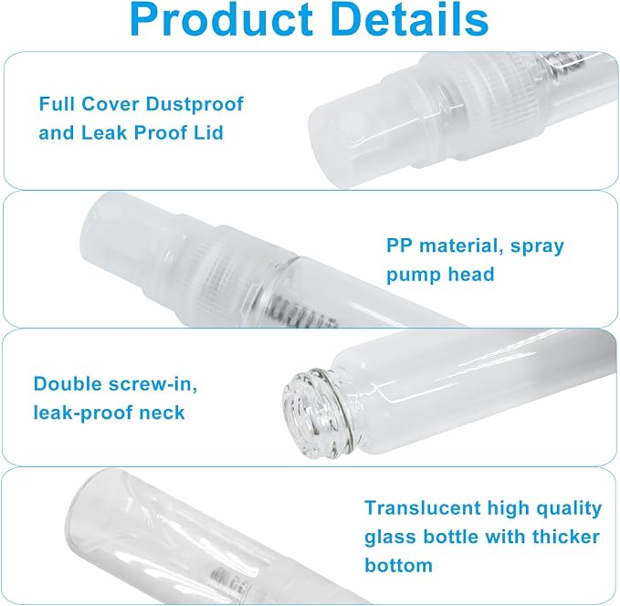 3ml Mini Spray Bottle, 10 Pack Glass Refillable | Fine Mist Travel Atomizer, For Fragrance Oils & Perfume, Small Sample Containers, Clear