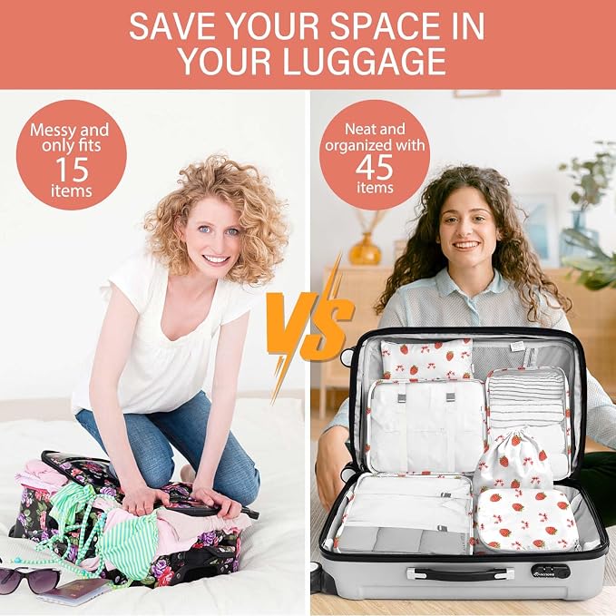 KPX 8 Set Packing Cubes for Travel, Luggage Packing Organizers Accessories Large Toiletries Bag for Clothes Shoes Cosmetics (Strawberry+Butterfly)