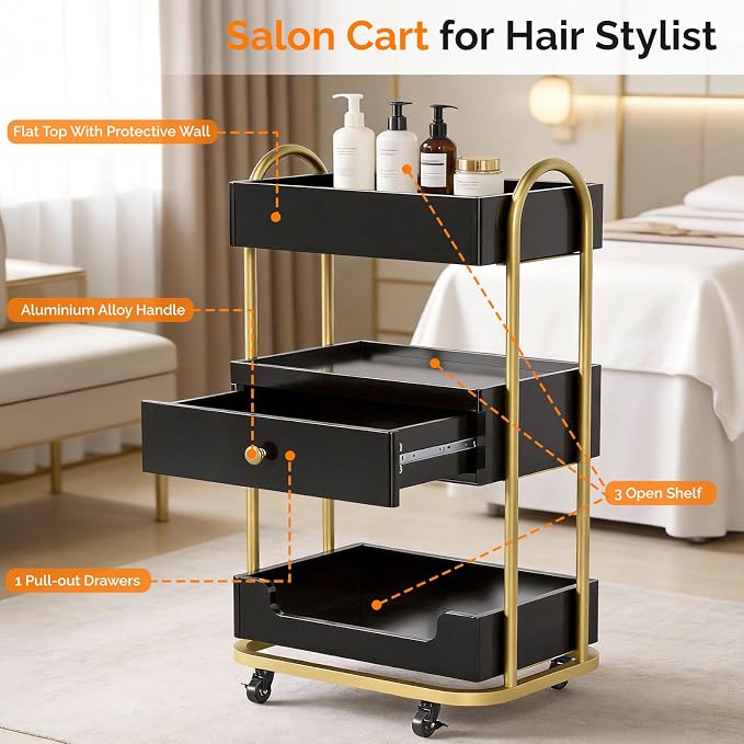 OmySalon Salon Trolley Cart, Hair Styling Station with 3 Trays & 1 Drawer, 2 Lockable Wheels, Esthetician Cart Mobile Storage Cabinet for Beauty Spa Barbershop, Black