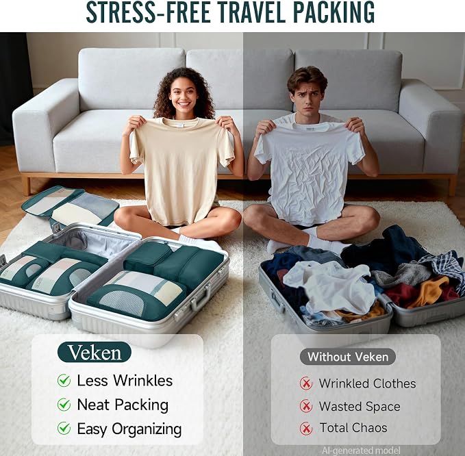 Veken 10 Set Packing Cubes for Travel Essentials, Suitcase Organizer Bags in 4 Sizes, Carry-On Luggage Accessories with Laundry Bag, Airplane Must Have with 99-Count Mesh Holes