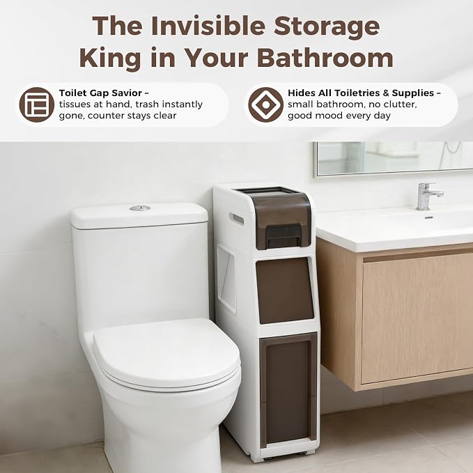 Slim Bathroom Storage Cabinet with Trash Can, Narrow Movable Waterproof Bathroom Floor Cabinet with Toilet Paper Holder for Bathrooms Toilet (15.1 * 6.9 * 25.2in)