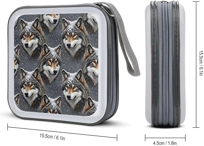 Protective DVD Case Holder Wolf, 40-Capacity Hard Plastic Binder with Zipper, Portable CD Organizer for Car Home