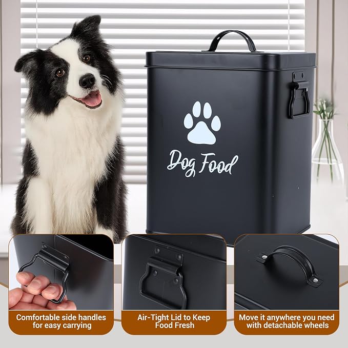 Dog Food Container 6.6lb, Cute Airtight Pet Treat Storage Containers with Metal Lid Scoop, Metal Storage Bin for Dog/Cat Durable Airtight Great Gift for Pet Owners-Black