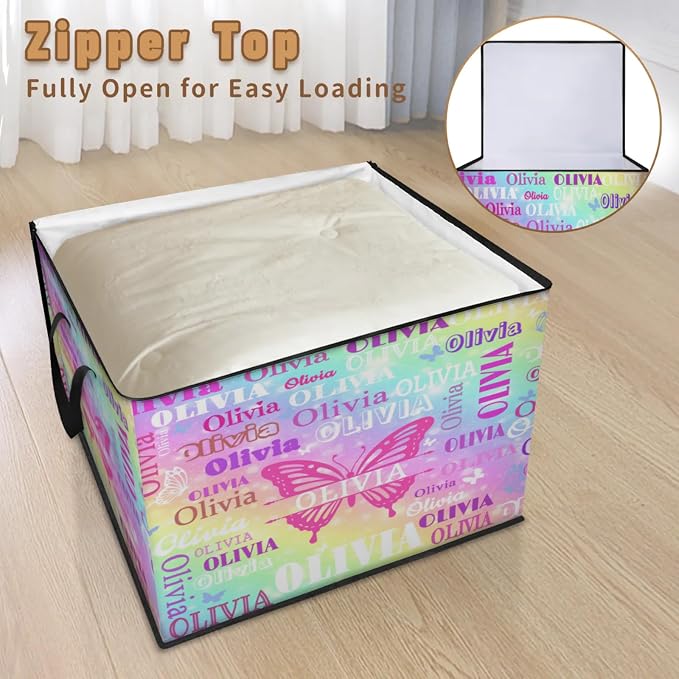 Personalized Butterflies Storage Bags with Lid Large Blanket Clothes Organization Storage Containers for Comforters,Bedding, Foldable Organizer with Reinforced Handle, Colorful Galaxy with Stars