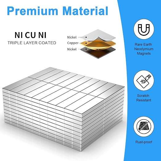 200 Pack 20x5x2 mm Rare Earth Neodymium Magnets | Powerful Small Strong Metal Rectangular Bar Magnetic Strip Magnet for Fridge Garage Kitchen Science Craft Office, Silver