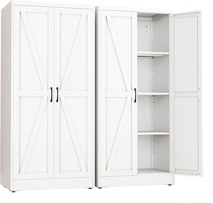 White Metal Storage Cabinet, 63" Kitchen Pantry Cabinets for Office | Steel Kitchen Pantry Storage with Doors and 3 Adjustable Shelves, Metal Tool Cabinet, for Office, Home, Garage, School