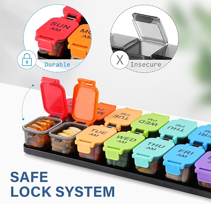 Yaklim Extra Large Weekly Pill Organizer, Detachable 7 Day AM PM Pill Box | XXL 14 Detachable AM PM Compartments；For Big Vitamins & Supplements； Easy to Open & Fill； Waterproof Seals； Easy Readability