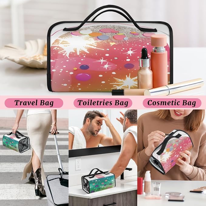 Ice Cream Makeup Bag for Women Hanging Roll-Up Travel Organizer Toiletry Kit with 4 Removable Compartments, Cute Ice Cream