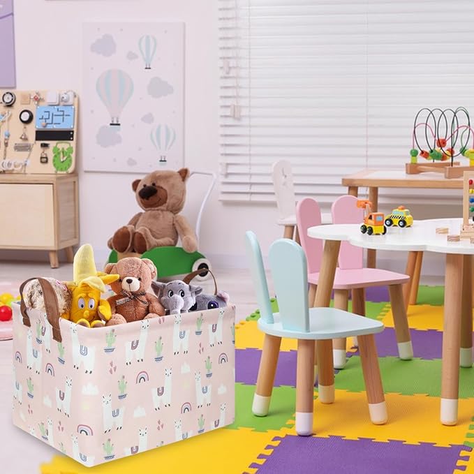 FXOLCSHE Rectangular Pink Alpaca Basket,Collapsible waterproof nursery laundry basket,Toy nursery, kids clothes gift basket with handles,Kids Room Decor(Alpaca)