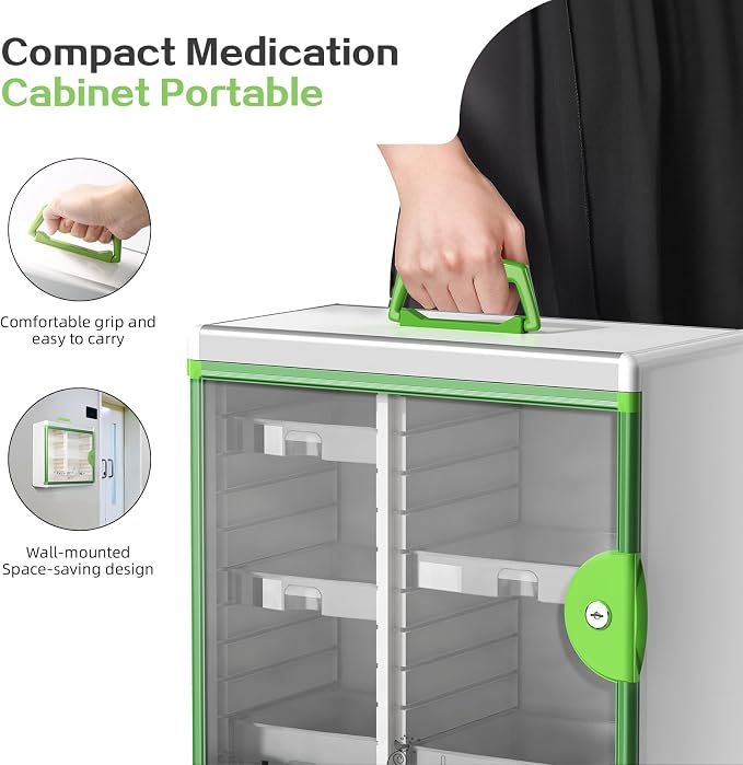 Lockable Medicine Cabinet with 5 Removable Trays, Wall Mounted & Portable Locking Medicine Cabinet Organizer with Key Lock for Home, Bathroom, Office - Aluminum Alloy Frame(13.6x13.4x6.5Inch)