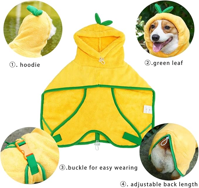 Pet Bathrobe for Dog Cat Absorbently Quick Drying Coat Cute Dogs Bath Towel Hooded Robe Adjustable Collar & Belly Strap for Pool Beach (Yellow, Small)
