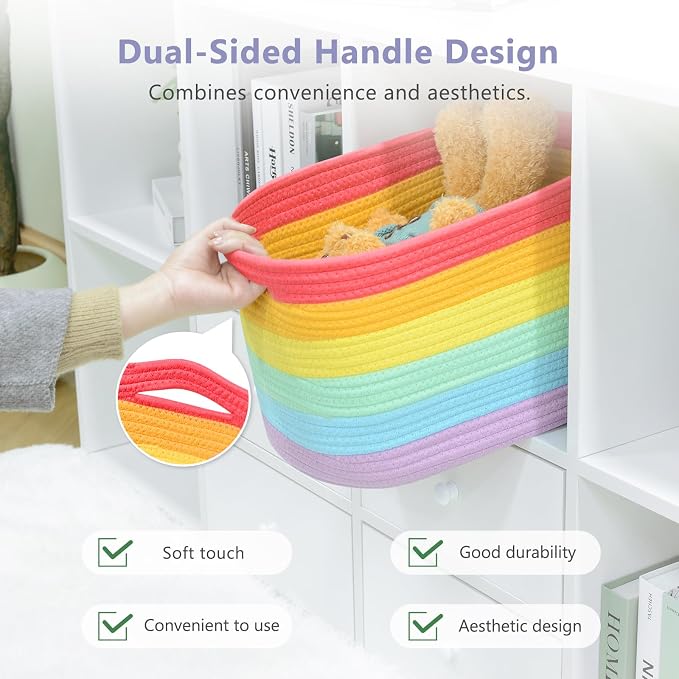 ECDYQXVU 15x10x9 Inch Woven Cotton Rope Storage Basket, 3 Pack | Foldable Design, Built-in Handles, Space-saving Organizer for Living Room, Bedroom, Laundry, Shelves, Clothes, Towels