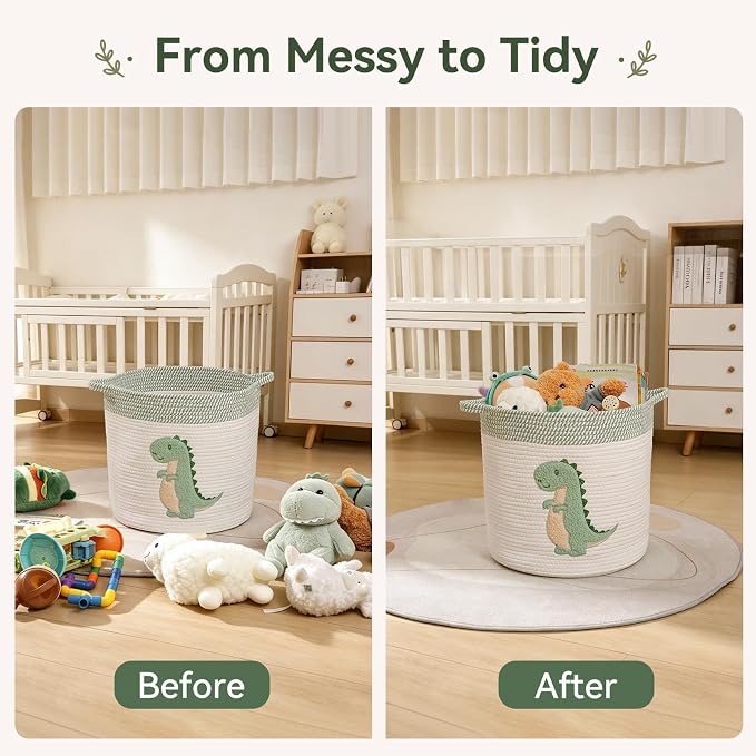 Dinosaur Toy Storage Basket for Toddlers Boys Dinosaur Room Decor, Medium | Cotton Rope Baby Hamper with Dinosaur Embroidery Toys Storage Organizer for Stuffed Animals, Books, Blankets 12" x 12"