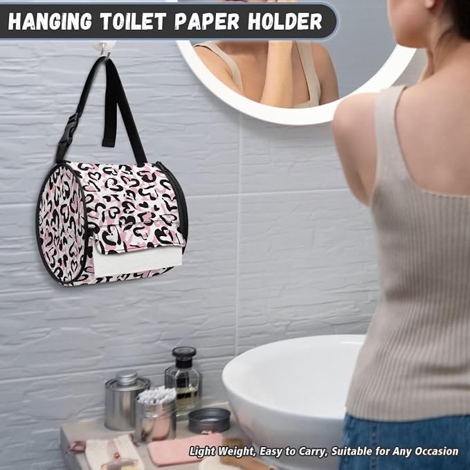 Hanging Paper Tower Holder Wall Mounted Cylinder Toilet Paper Roll Storage Holder with Adjustable Strap Easy to Install 6.3 * 6.3 * 6.3 Inch,Heart Cheetah
