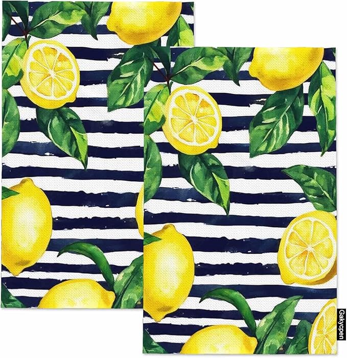 Lemons 2Pcs Kitchen Towels Watercolor Golden Lemon Stripes Green Leaf 16X24 Inch Ultra Soft Tea Towel Super Absorbent Terry Dish Towels for Kitchen Linens