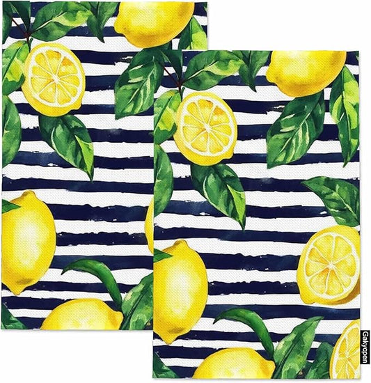 Lemons 2Pcs Kitchen Towels Watercolor Golden Lemon Stripes Green Leaf 16X24 Inch Ultra Soft Tea Towel Super Absorbent Terry Dish Towels for Kitchen Linens