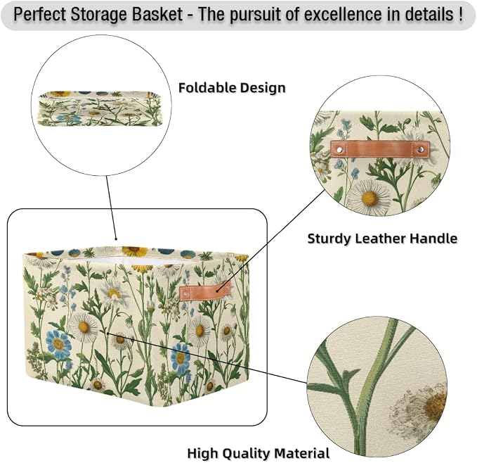 Fabric Storage Basket with Handles, Vintage Daisy Storage Cube Box Collapsible Toy Basket Organizer Bin for Shelf Closet Bedroom Home Office