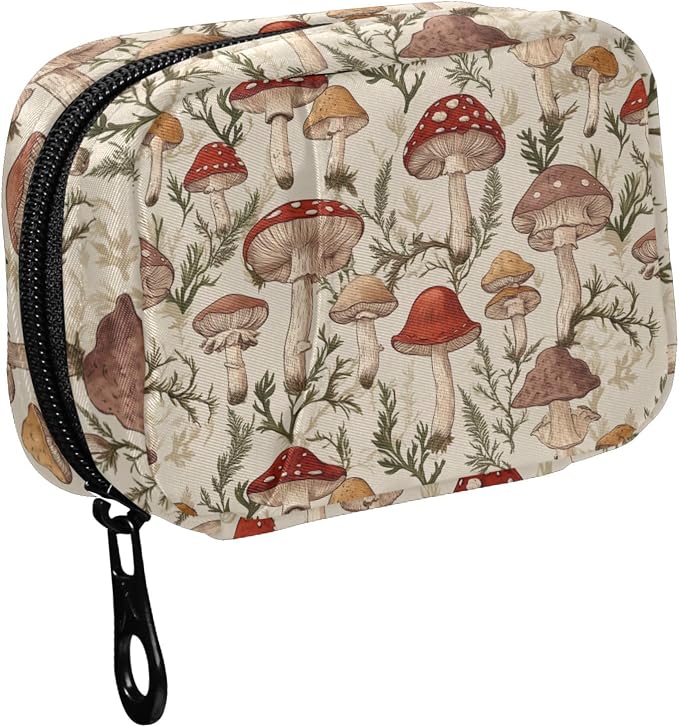 Fustylead Vintage Various Mushroom and Fern Pill Organizers 2 Times A Day Pill Case Bag with Zipper Portable Weekly Pill Dispensers for Vitamin Supplement