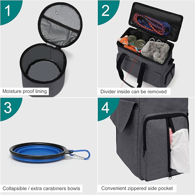 Modoker Weekend Dog Travel Bag with 2 Food Bags, 2 Bowls and Mat, Dark Gray | Dog Travel Accessories Organizer for Camping and Road Trips with Roomy Storage, Multiple Pockets and Water-Resistant Oxford