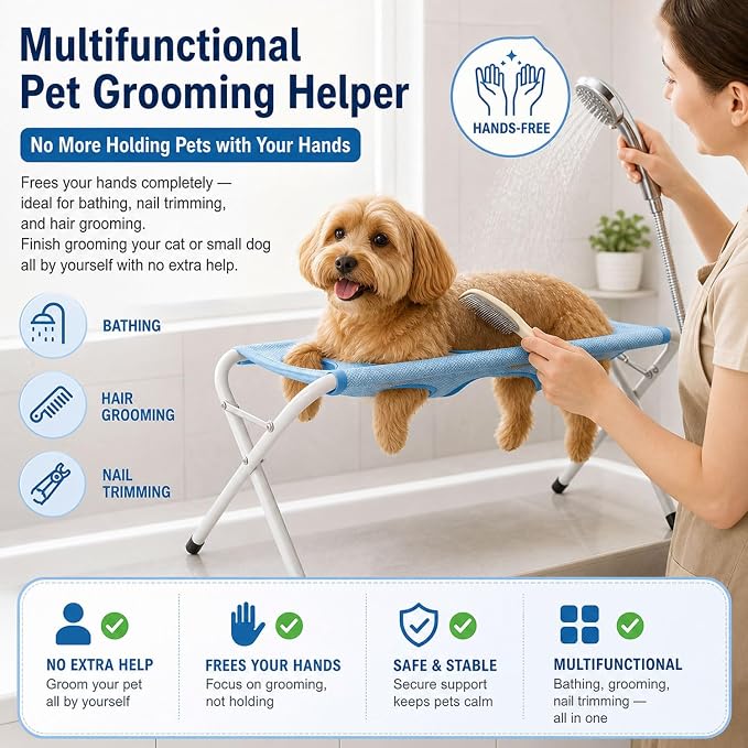 Foldable Pet Bathing Stand with 8-Hole Quick-Dry Mesh, 44lb Capacity，Blue