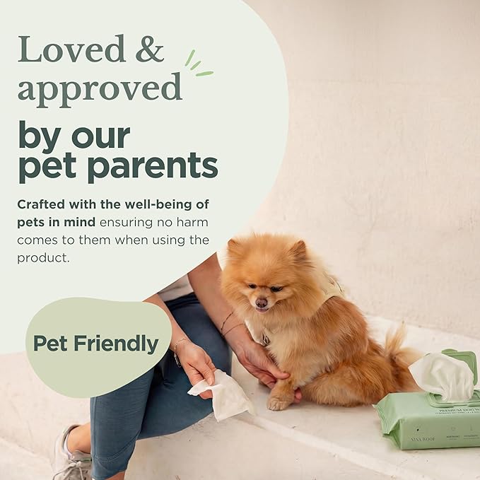 Nina Woof Dog Wipes – Fragrance-Free, Alcohol-Free, Hypoallergenic Pet Grooming Wipes with Aloe Vera, Biodegradable, for Dogs & Cats: Paws, Face, Ears & Butt – (70 Count)