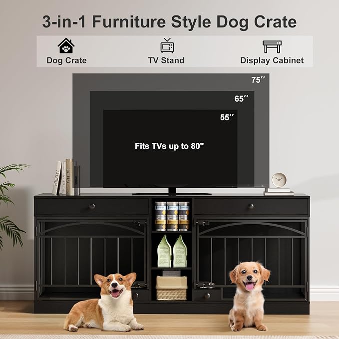 IDEALHOUSE 78.7" Double Dog Crate Furniture with Storage and 2 Doors, Black | Dog Kennel Indoor with Feeding Bowls, Wood Dog Crate TV Stand for Small Medium Dogs