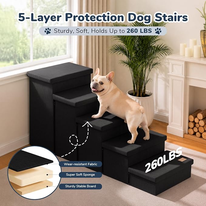 5-Step Wide Dog Stairs with Storage 23" H, Non-Slip Sturdy Pet Steps for High Bed Couch Window, Pet Stairs for Small/Medium/Large Old Dogs Cats Up to 260lbs, Cat Dog Steps for Car/SUV, Black