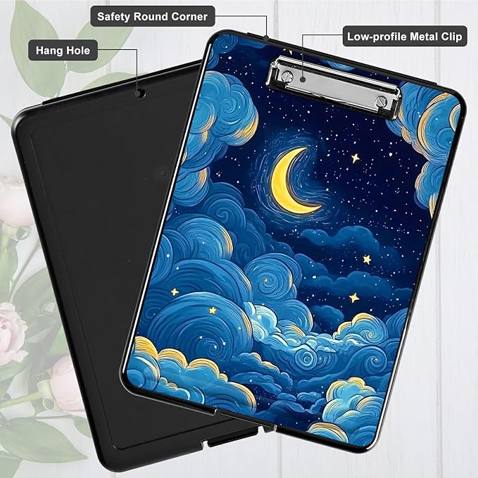 Moon Blue Clouds A4 Clipboard with Storage Pen Holder, Clipboards Organizer Nursing Clipboard Foldable File Folder Plastic Clipboard Folio Clip Board for Office Students Classroom Doctor