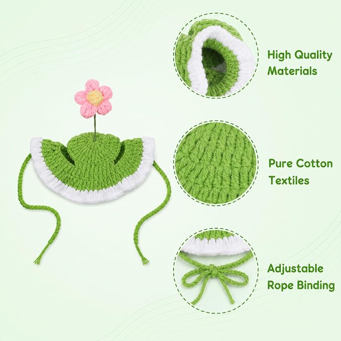 Flower Cat Hat, Green Cotton & Soft Cute Knitted Hats for Cats | Halloween Christmas Holiday Party Clothes Birthday Party Puppy Hat for Small Pets, Holiday & Photo Outfit
