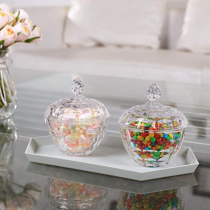ComSaf 9oz Glass Candy Dish with Lid 2 Pack Small Jar Decorative Covered | Covered Candy Storage, Coffee Table Office Desk, Bathroom Vanity Decor, Countertop Display, Wedding Favors, Living Room Decor