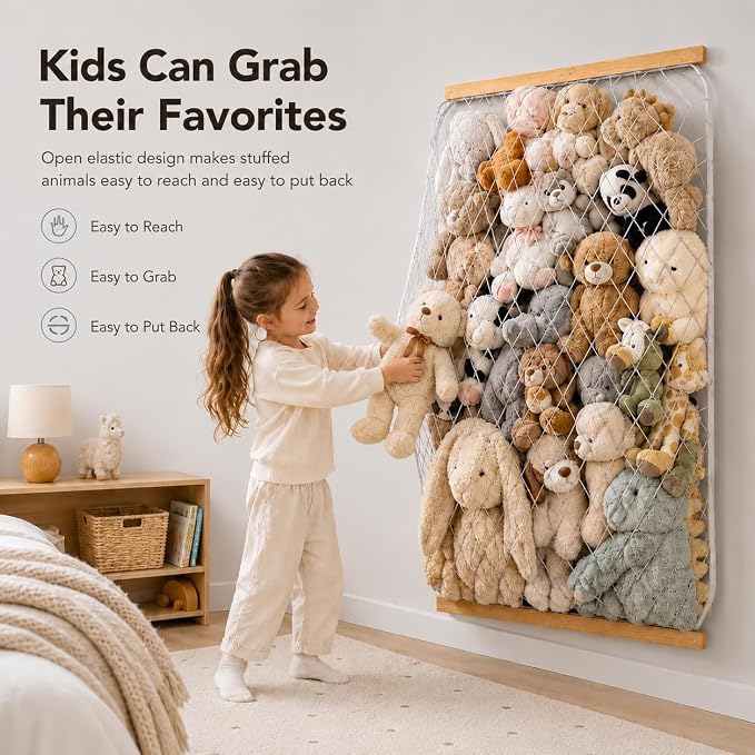 Stuffed Animal Storage Holder, Elastic Stuffed Animal Net,Door/Wall Mount Length Adjustable Hanging Stuffed Animal Organizer, Plushie Net for Nursery Play Room-Origin Boards Patent