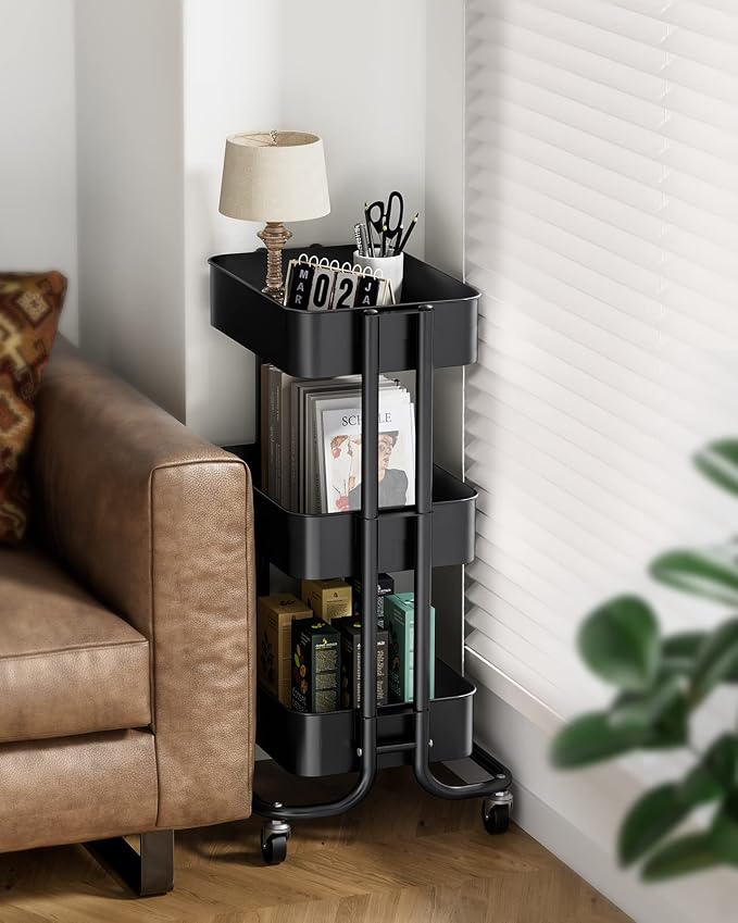 Pipishell 3 Tier Metal Rolling Utility Cart with 2 Lockable Wheels, Black | 360° Rotating Wheel, Heavy-Duty Steel, Sturdy Dual Columns, Ventilated Mesh, Hold 22 lbs per Shelf, for Kitchen & Dining Room