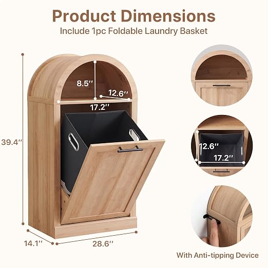 Seang Arched Tilt-Out Trash Can Cabinet,Laundry Hamper Cabinet with Foldable Laundry Basket,Wooden Hidden Garbage Can Cabinets with Metal Handle & Hooks,Natural