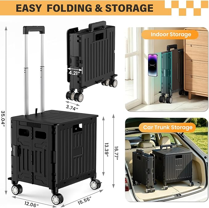 SUNALLY Folding Utility Cart Rolling Crate Handcart Shopping Trolley, Black | Lockable Collapsible Tool Box with Lid, Rolling Crate With Wheels for Grocery, Travel, Garden, Shop, Office, Luggage, Teacher