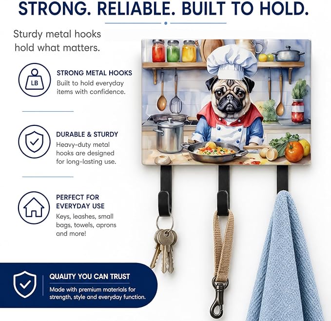 Caroline's Treasures Pug The Chef Leash or Key Holder Wall Hooks, Key Hooks Holder, Coat Rack Wall Mount, Coat Hooks, Hooks for Hanging Keys, Towels, Aprons, Leashes | Pug The Chef artwork on ceramic tile with three steel hooks for keys, leashes, towels
